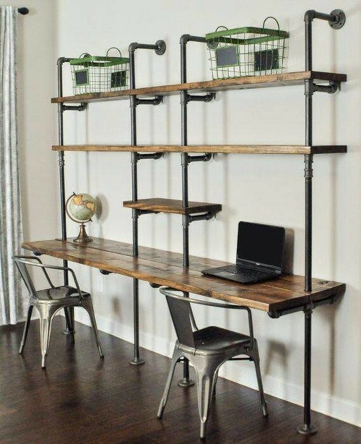 Small home office desks built in with industrial shelves