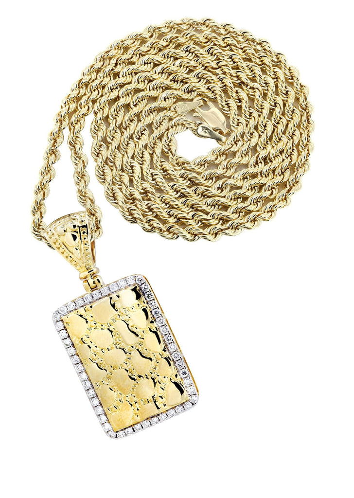 14K Yellow Gold Nugget Dog Tag Pendant & Rope Chain | 0.6 Carats diamond combo FrostNYC 