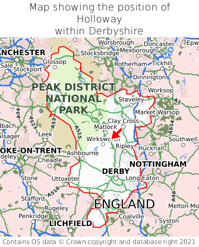 Map showing location of Holloway within Derbyshire