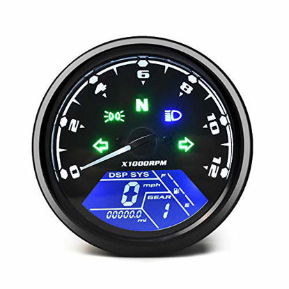 Picture of DKMOTORK 0011 Digital Gauge Motorcycle Speedometer/Tachometer/Odometer Universal with Multi-Function Indicator Light Display Black