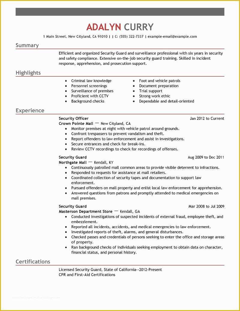 Security Resume Template Free Of Best Security Guard Resume Example ...