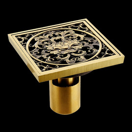 ASTM Deep Water Floral Brushed Brass Square Shower Floor Drain