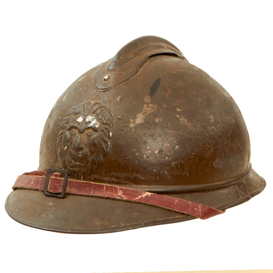 Original Belgian WWI Issue French Model 1915 Adrian Helmet with Lion Head Badge and Scarce 1st Pattern Liner - Complete Original Items