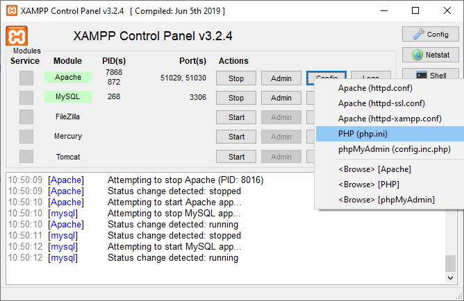 Nastavení php.ini v XAMPP