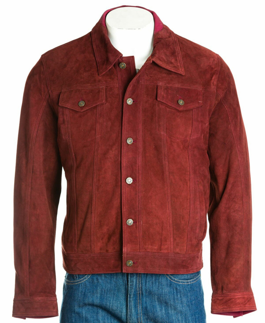 Men's Burgundy Denim Shirt Style Suede Jacket: Antonio