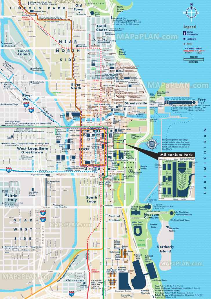 Chicago maps - Top tourist attractions - Free, printable city street map