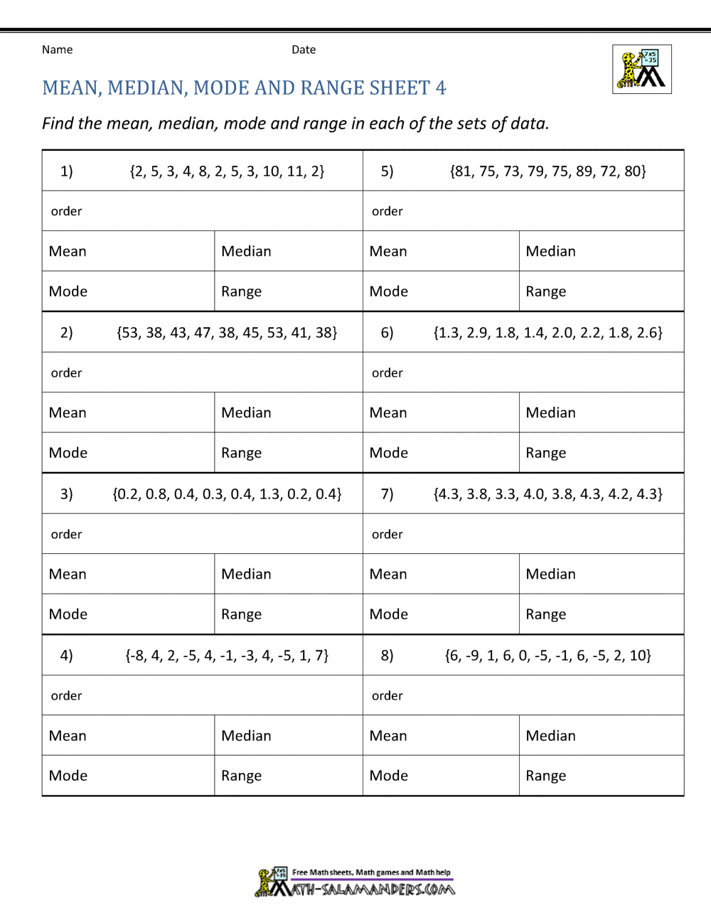 Mean Median Mode Range Worksheets