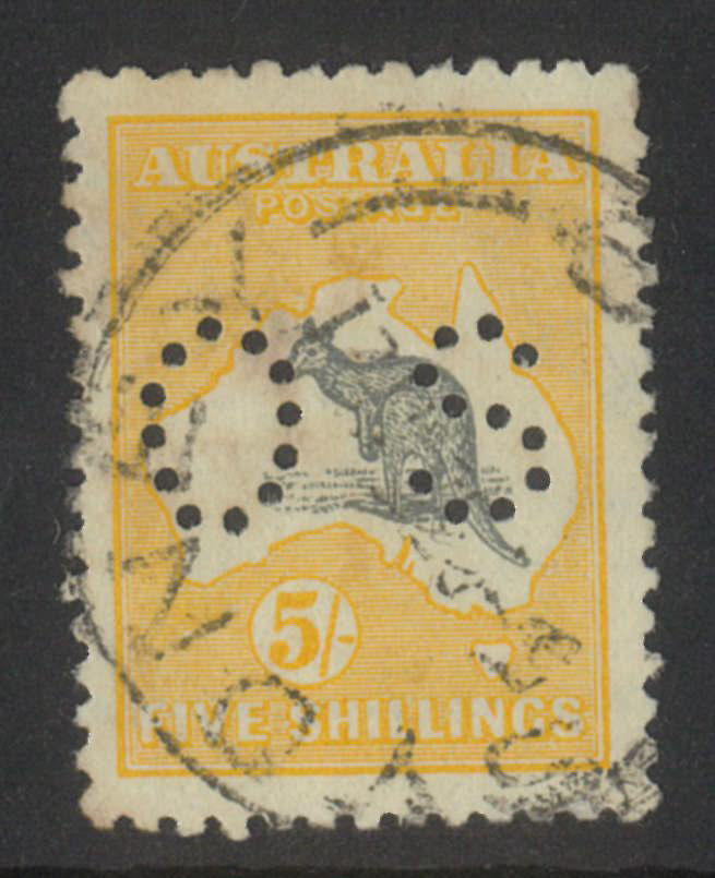 Australia Kangaroo & Map 2nd WMK 5/- Grey & Yellow Stamp Perf OS SGO37 ...