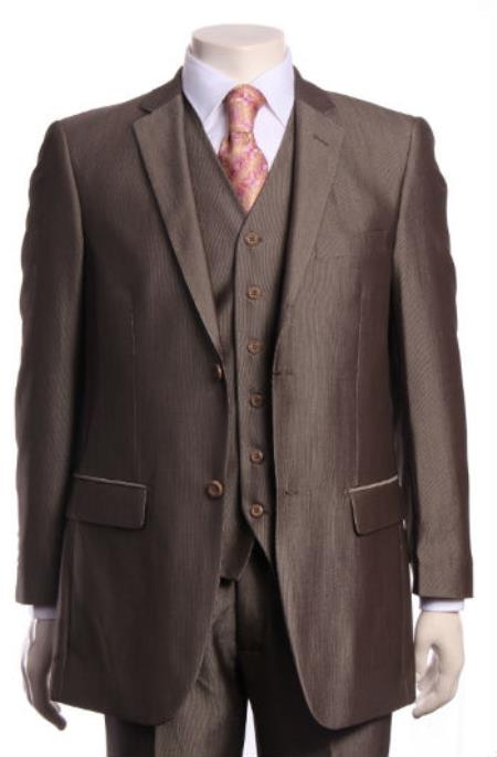 Men's Regular Cut Regular Fit Vested Suit Light Toast ~Brown ~ Mocha With sheen Sharkskin 2 Button 3 Piece