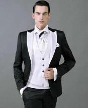  Mens Black and White  Lapel Peak Lapel Vested 3 Piece 1