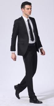  Mens Wool Fabric One Button 2Piece Double-vented Suit Black 