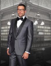  Mens One Button Classic Three Piece Sharkskin Suit With Solid Black Satin