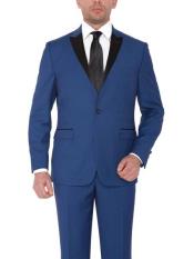  Mens 1 Button  Wide Satin Peak lapel Blue Platinum Slim fit