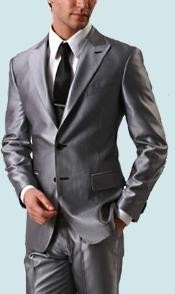  Shiny Sharkskin Silver Gray 2 Button Style Jacket Flat Front Pants New