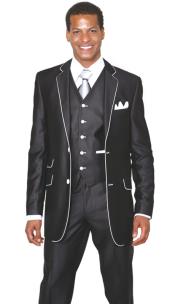  Mens 2 Button 3 Piece  Church Suit Black White Trim Lapel