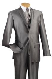  Mens 2 Button Slim Fit Shiny Flashy Satin Silky Metallic Suits Gray