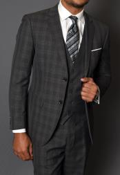  Charcoal Grey Gray Vested Three 3 Piece Windowpane Plaid Pattern Suit -