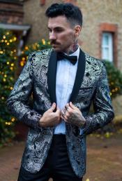  Silver Paisley Suit - Floral Suit - Solid Black Pants + Bowtie