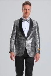  Silver Paisley Suit - Floral Suit - Solid Black Pants + Bowtie