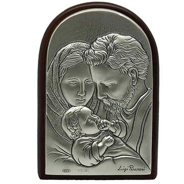 Myros - Holy Family With Bi-Laminated Silver Plaque, Golden Decoration And Wooden Icon 40x60 mm