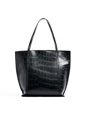 Black Borsa tote squadrata effetto coccodrillo