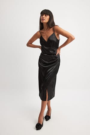 Black Satijnen slipdress met overslag