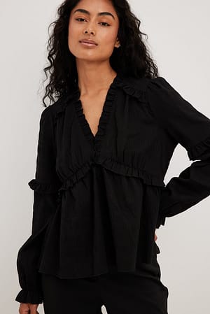 Black Blouse met lange mouwen en ruches met structuur