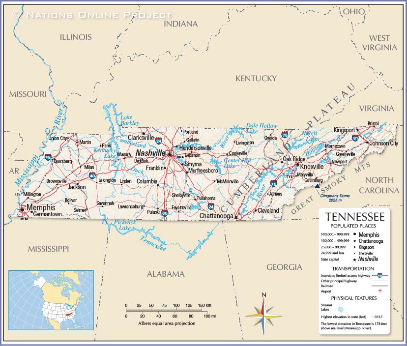 Map of the State of Tennessee, USA - Nations Online Project