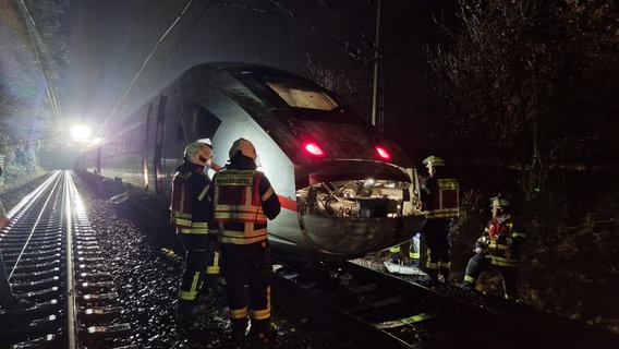 Einsatzkräfte der Feuerwehr stehen vor einem ICE auf einer Bahnstrecke nach einem Blitzeinschlag in einer Oberleitung bei Bienenbüttel. © Gemeindefeuerwehr Bienenbüttel 