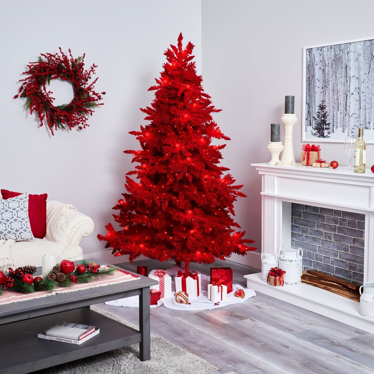 7' Red Flocked Fraser Fir Artificial Christmas Tree with 500 Red Lights, 40 Globe Bulbs and 1039 Bendable Branches