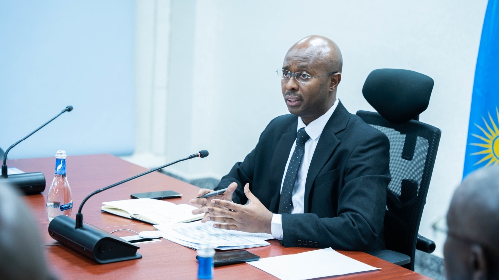 Minister of Finance and Economic Planning Yusuf Murangwa addresses journalists in Kigali on June 19, 2024. Photo by Craish Bahizi,