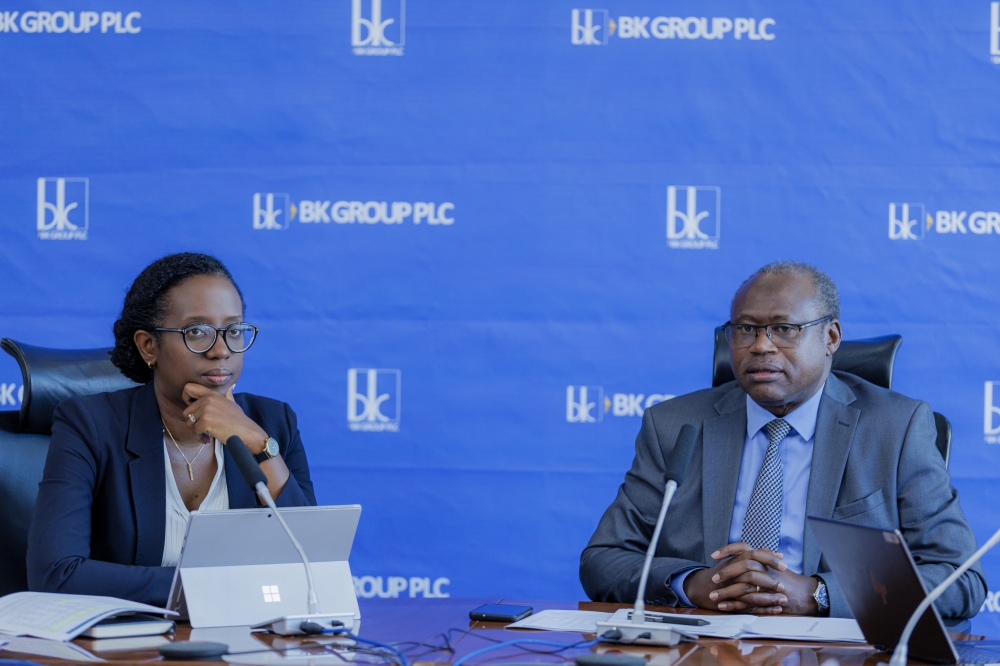 Dr. Diane Karusisi, CEO of Bank of Kigali, and Dr. Uzziel Ndagijimana, BK Group Chief Executive Officer, during the press conference in Kigali  on August 30,