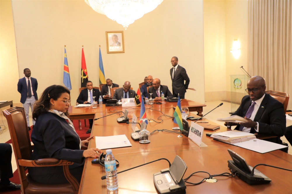 The Minister of Foreign Affairs and International Cooperation, Olivier Nduhungirehe and his counterparts Therese Kayikwamba Wagner of DR Congo and the mediator Tete Antonio of Angola during a past meeting.