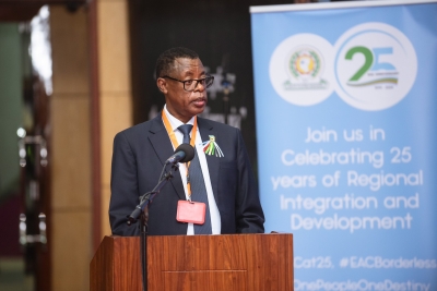 James Kabarebe, Rwanda’s Minister of State for Foreign Affairs in Charge of Regional Cooperation, speaks at a high-level side event to celebrate EAC&#039;s 25th Anniversary, on November 29, in Arusha, Tanzania (courtesy photo)