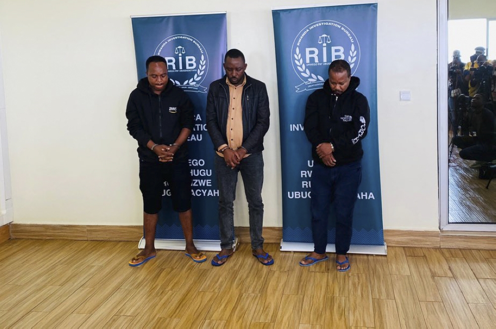 Three suspects that were paraded by Rwanda Investigation Bureau on Wednesday, December 4. Courtesy