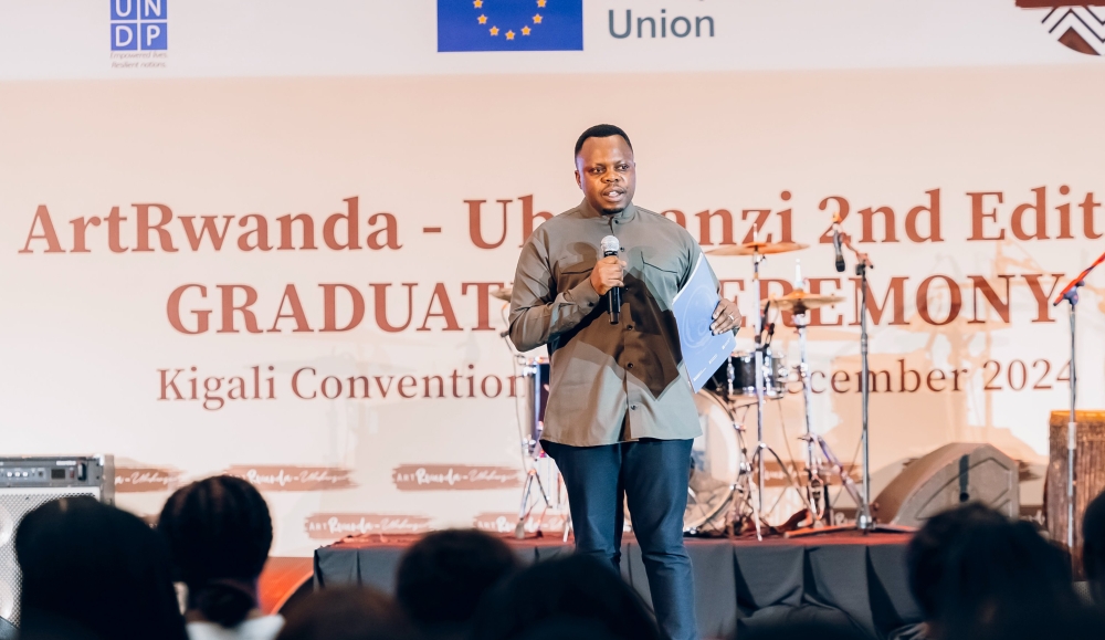 Minister of Youth and Arts Dr Jean Nepo Abdallah Utumatwishima speak during the graduation of the second cohort of ArtRwanda-Ubuhanzi held in Kigali on Friday, December 6-courtesy