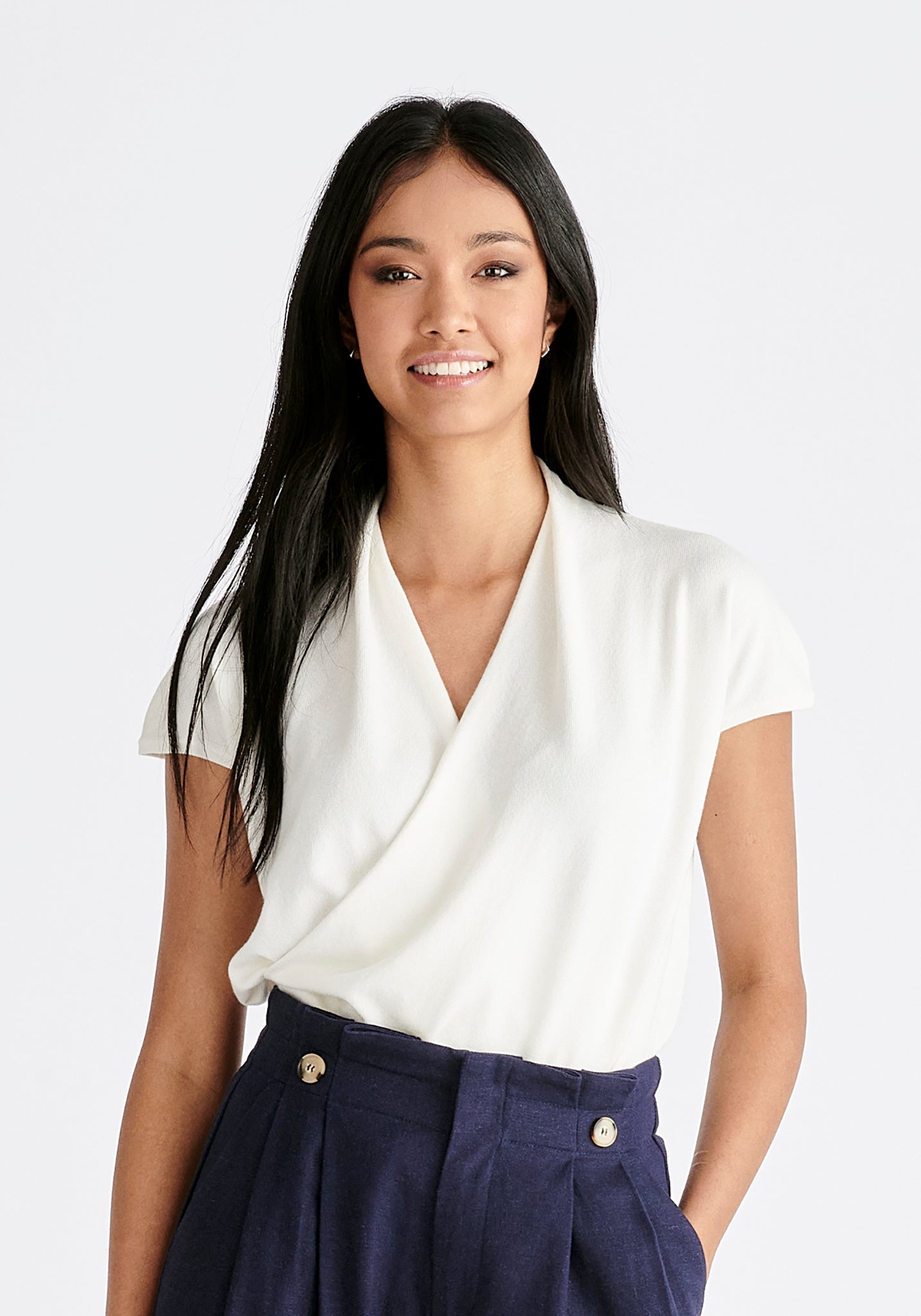 Cap Sleeve Wrap Top in White | Knitwear | Paisie