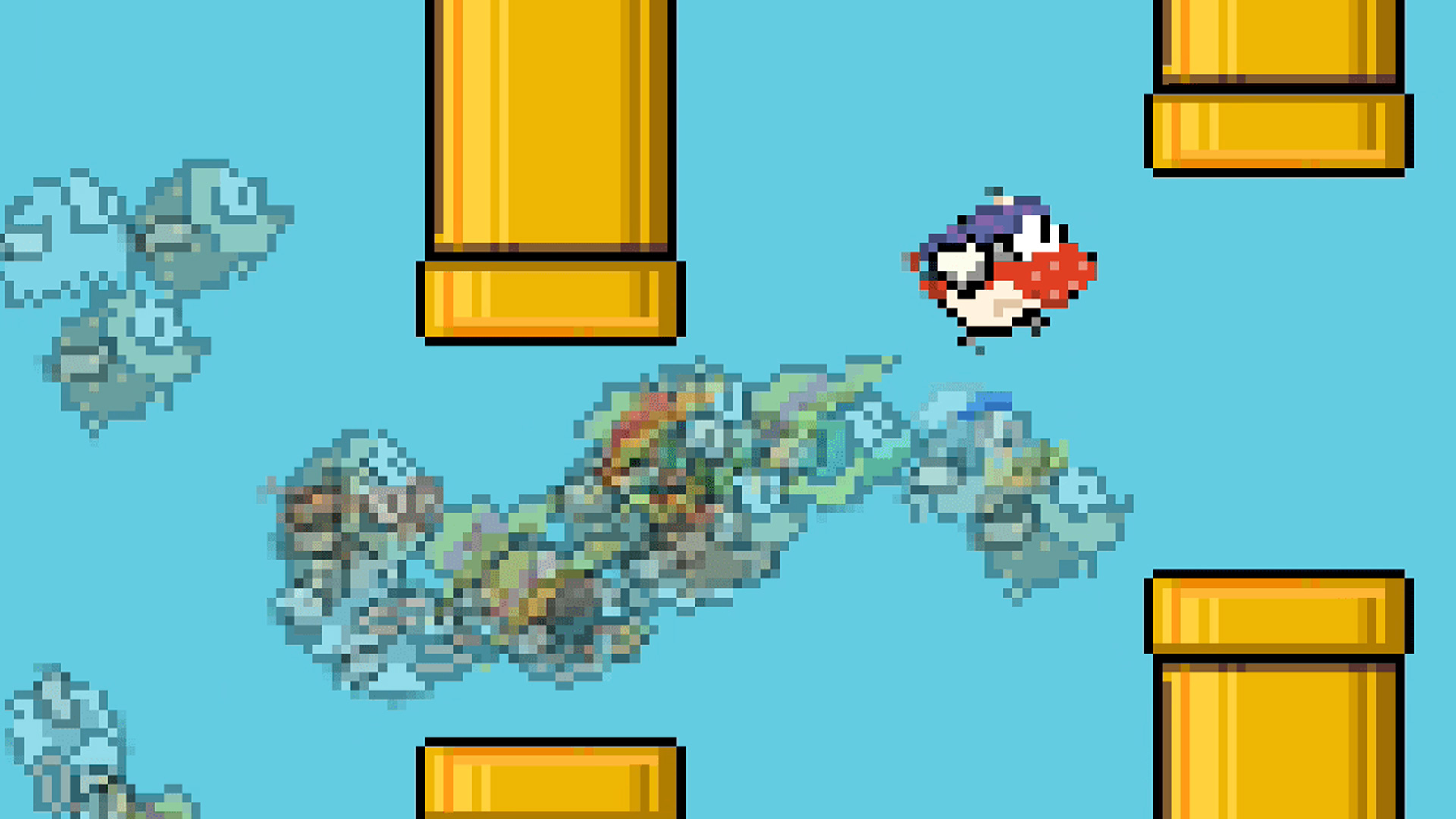 99 birds flapping in front of a blue background between yellow pipes in Flappy Royale.io, one of the best io games