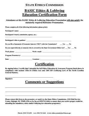 BASIC Ethics & Lobbying Education Certification Form Certification ... - test ethicscommission nc