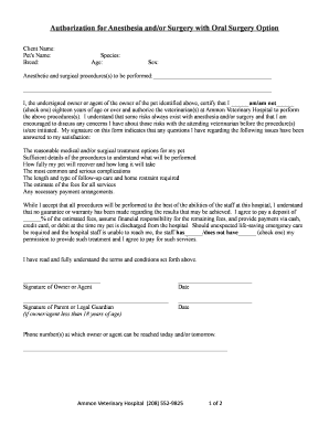 Fillable Online Authorization for Anesthesia and/or Surgery with Oral ...