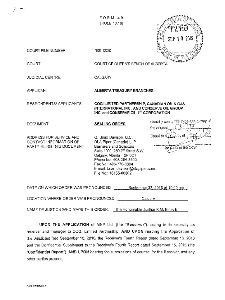 Fillable Online FORM 49 RULE 13.19 COURT FILE NUMBER 1501-12220 ... Fax ...