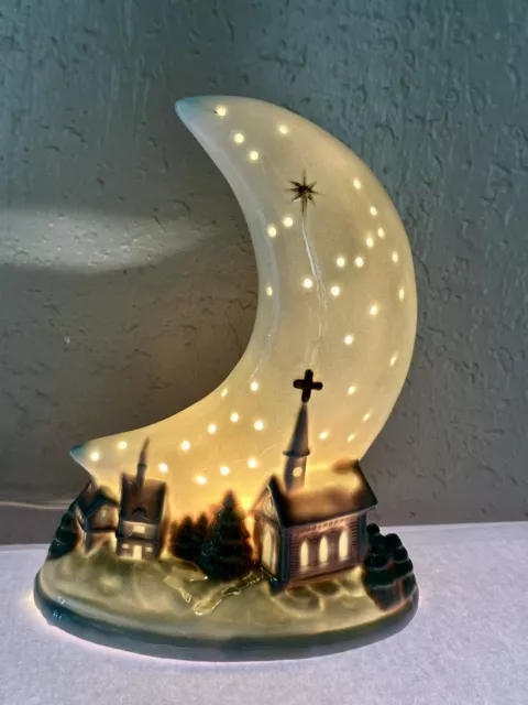 VINTAGE CRESCENT MOON Ceramic Night Light Lamp Baby Blue Church ...