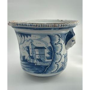 Large Orange Tree Pot In Blue And White Enameled Earthenware Decorated With 18th Century Houses And Landscapes