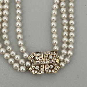 6169- 3 Row Pearl Dog Collar Yellow Gold Clasp Diamonds