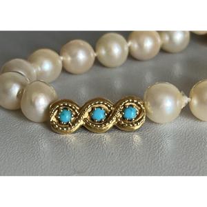 6278- 2 Row Pearl Necklace Yellow Gold Clasp Turquoise