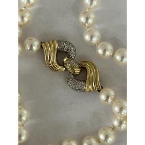 6280- Superb Pearl Necklace Yellow Gold Clasp Godronné Diamonds