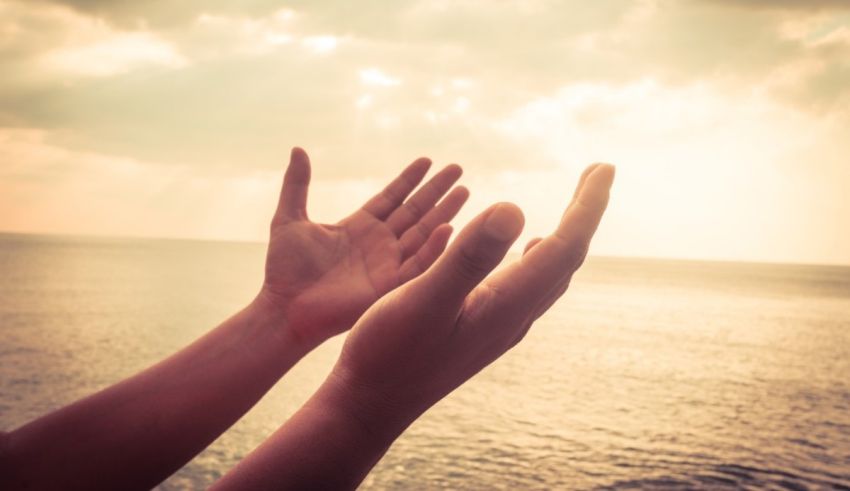 A woman's hands reaching out to the ocean.