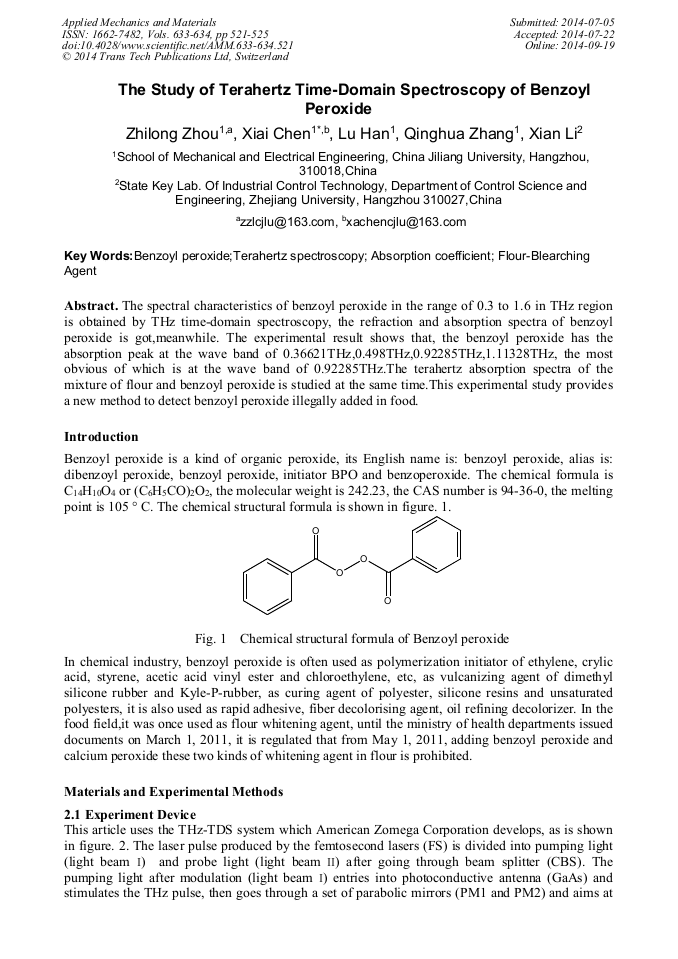 The Study Of Terahertz Time Domain Spectroscopy Of Benzoyl Peroxide Scientific Net