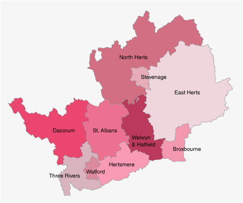 Map Of Hertfordshire Districts - Bianca Samantha