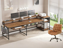 A brown two-person office desk and a brown office chair of Sikaic home office furniture